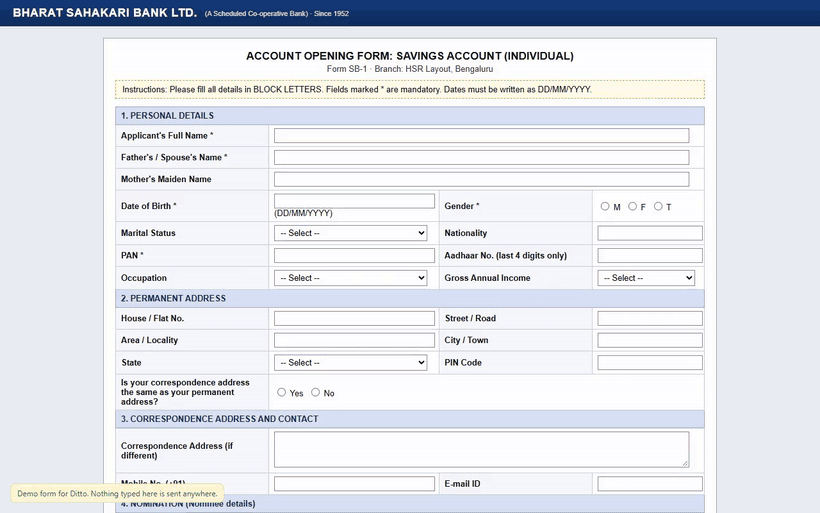 Ditto filling a bank account opening form field by field